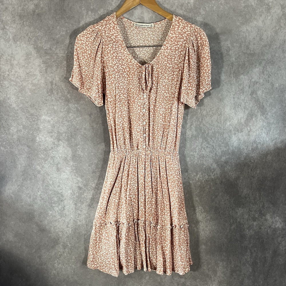 Abercrombie & Fitch Mini Dress Women XS Pink Animal Print Tiered V-Neck Tie